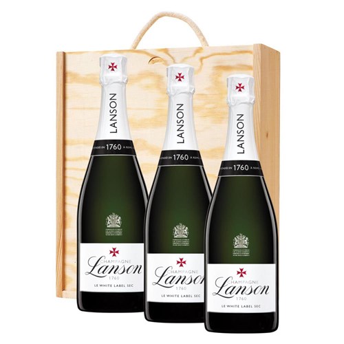 Lanson Le White Label Sec Champagne 75cl Treble Pine Wooden Gift Boxed (3 x 75cl)